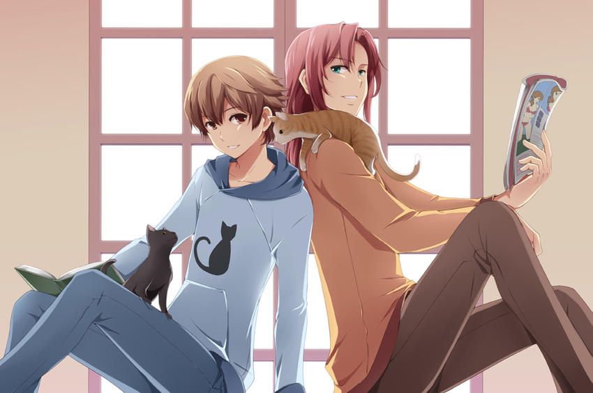 alternate_costume animal animal_on_shoulder back-to-back book brown_eyes brown_hair casual cat cat_on_shoulder eiyuu_densetsu green_eyes lloyd_bannings long_hair male_focus multiple_boys pants randy_orlando red_hair shirt sitting smile sun_trial window zero_no_kiseki