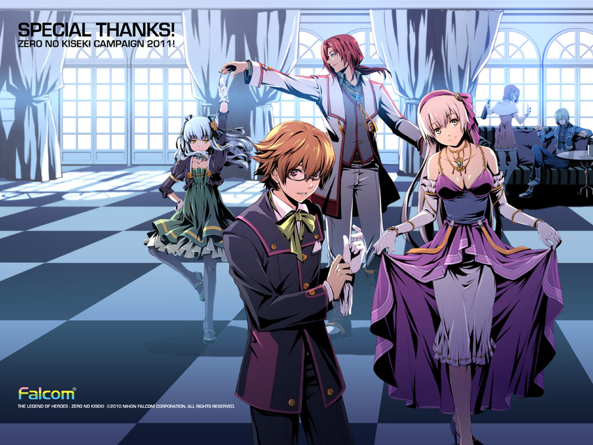 3boys 3girls alternate_costume arm_up bespectacled black_legwear blue_hair bow breasts brown_hair company_name couch curtains dress eiyuu_densetsu elbow_gloves elie_macdowell enami_katsumi flat_chest formal glasses gloves green_dress jewelry large_breasts light_blue_hair lloyd_bannings long_hair multiple_boys multiple_girls necklace noel_seeker official_art pantyhose pink_hair ponytail randy_orlando red_hair ribbon suit table tio_plato wazy_hemisphere white_gloves window zero_no_kiseki