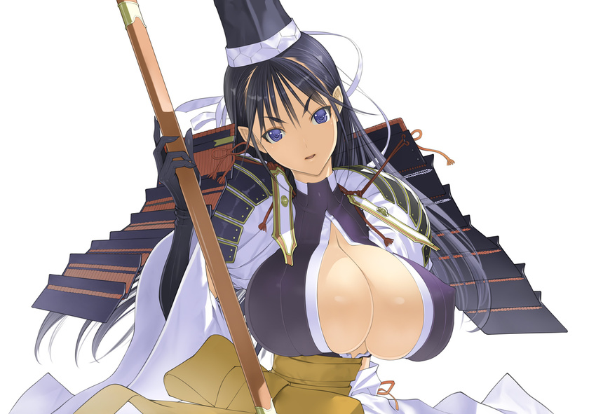 bad_id bad_pixiv_id black_hair blue_eyes breasts cleavage covered_nipples gloves huge_breasts long_hair nakabayashi_reimei original serious shoulder_pads simple_background solo staff