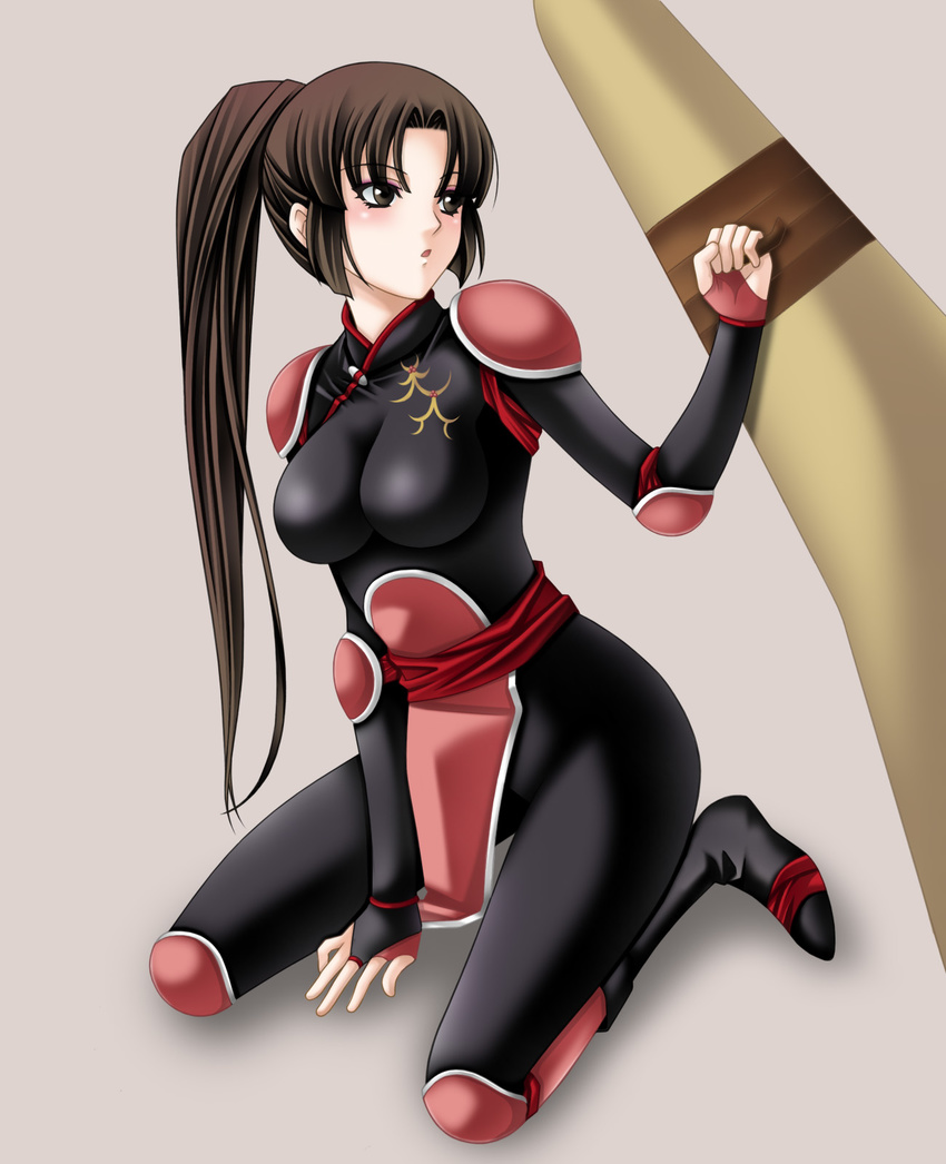 bodysuit boomerang brown_eyes brown_hair eyeshadow highres inuyasha kneeling long_hair looking_away makeup ponytail sango shoulder_pads simple_background solo tamamon weapon