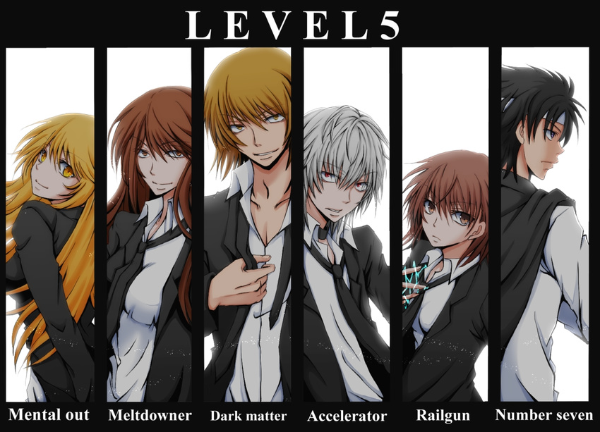 3girls accelerator alternate_costume black_eyes black_hair blonde_hair brown_eyes brown_hair column_lineup electricity formal headband hiro_(hirohiro31) kakine_teitoku long_hair misaka_mikoto mugino_shizuri multiple_boys multiple_girls necktie red_eyes school_uniform shokuhou_misaki sogiita_gunha suit to_aru_majutsu_no_index white_hair yellow_eyes