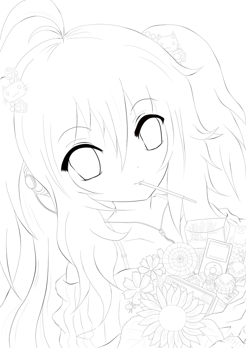 absurdres bad_id bad_pixiv_id digital_media_player flower greyscale highres ipod kuroneko_(fragrant_olive) lineart long_hair looking_at_viewer monochrome original solo