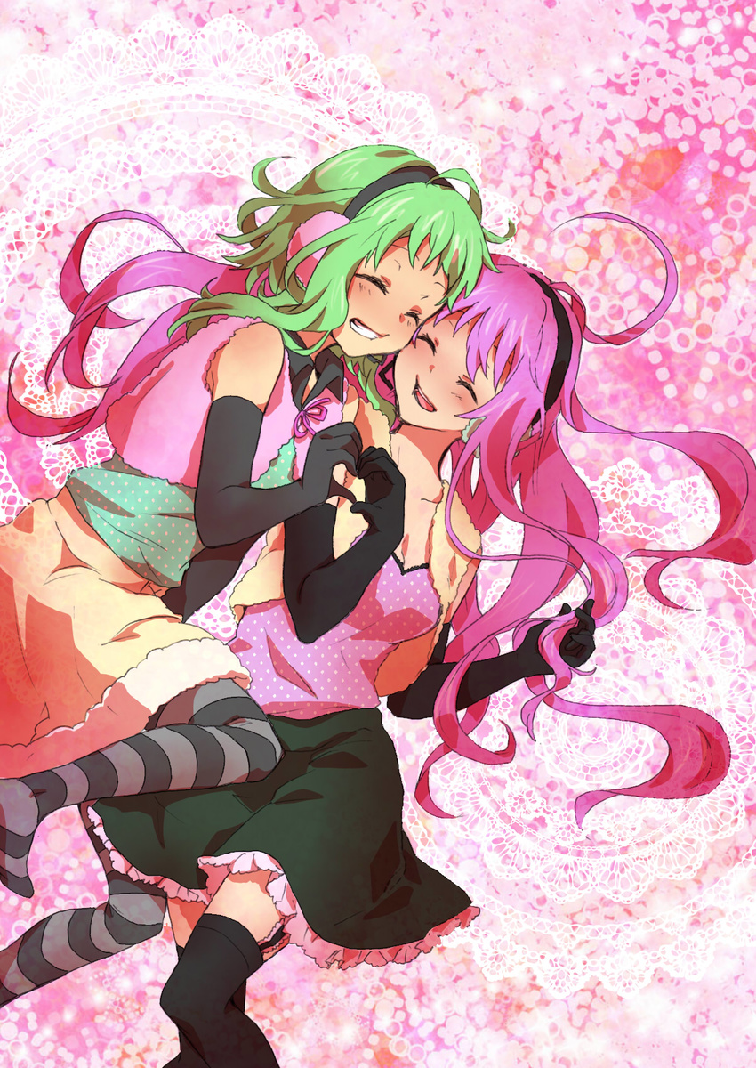 bad_id bad_pixiv_id black_gloves cropped_jacket doily elbow_gloves frilled_skirt frills garter_straps gloves green_hair grin gumi happy_synthesizer_(vocaloid) headphones heart heart_hands heart_hands_duo highres long_hair megurine_luka multiple_girls pink_hair polka_dot skirt smile striped striped_legwear thighhighs very_long_hair vocaloid yamabukiiro