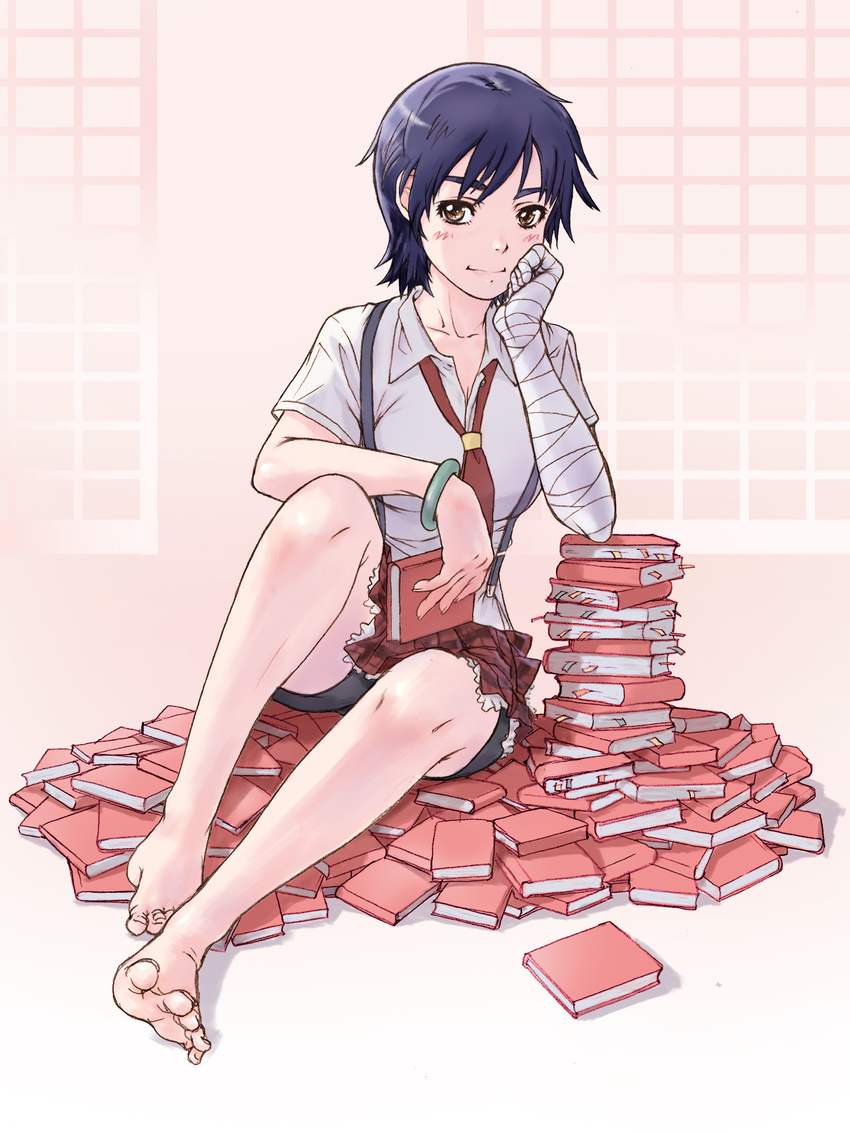 absurdres bakemonogatari bandages barefoot bike_shorts book book_stack bracelet chin_rest feet highres jewelry kanbaru_suruga legs monogatari_(series) necktie pile_of_books revision shirt short_hair sitting sitting_on_books skirt solo suspenders toes yoshikawa_kazunori