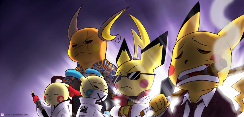 cigar commentary formal full_body_tattoo furrification furry gen_1_pokemon gen_2_pokemon gen_3_pokemon japanese_clothes kawa-v lineup minun no_humans pichu pikachu plusle pokemon pokemon_(creature) raichu scar suit sunglasses surgical_mask sword tattoo translated weapon wooden_sword yakuza