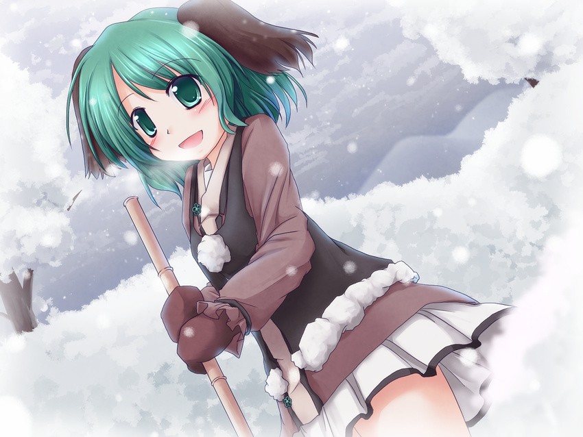 animal_ears bamboo bamboo_broom blush broom brown_gloves dutch_angle gloves green_eyes green_hair highres kasodani_kyouko lzh mittens open_mouth shirt short_hair skirt smile snow snowing solo touhou vest wild_and_horned_hermit winter