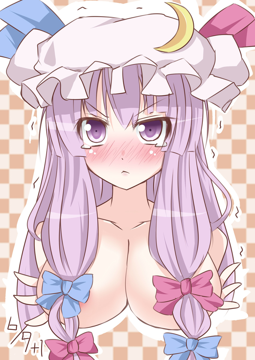 absurdres blush breast_hold breasts hair_censor hair_ornament hair_over_breasts hat highres large_breasts long_hair megawatt nude patchouli_knowledge purple_eyes purple_hair solo tears touhou upper_body