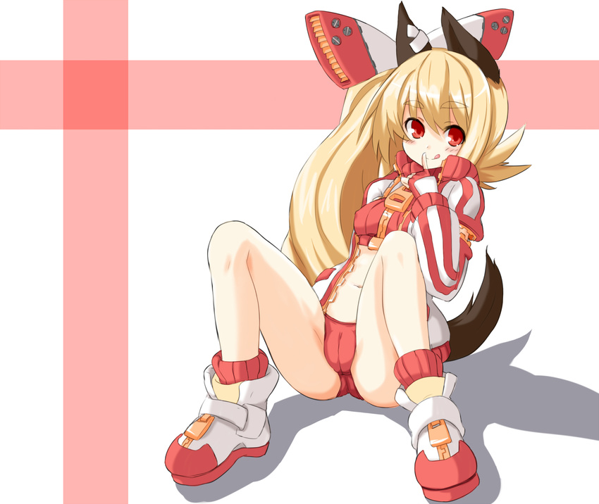 :q animal_ears blonde_hair blush breasts cameltoe covered_nipples finger_to_mouth highres long_hair medium_breasts red_eyes sicx_lives smile solo tail tongue tongue_out yu-ves
