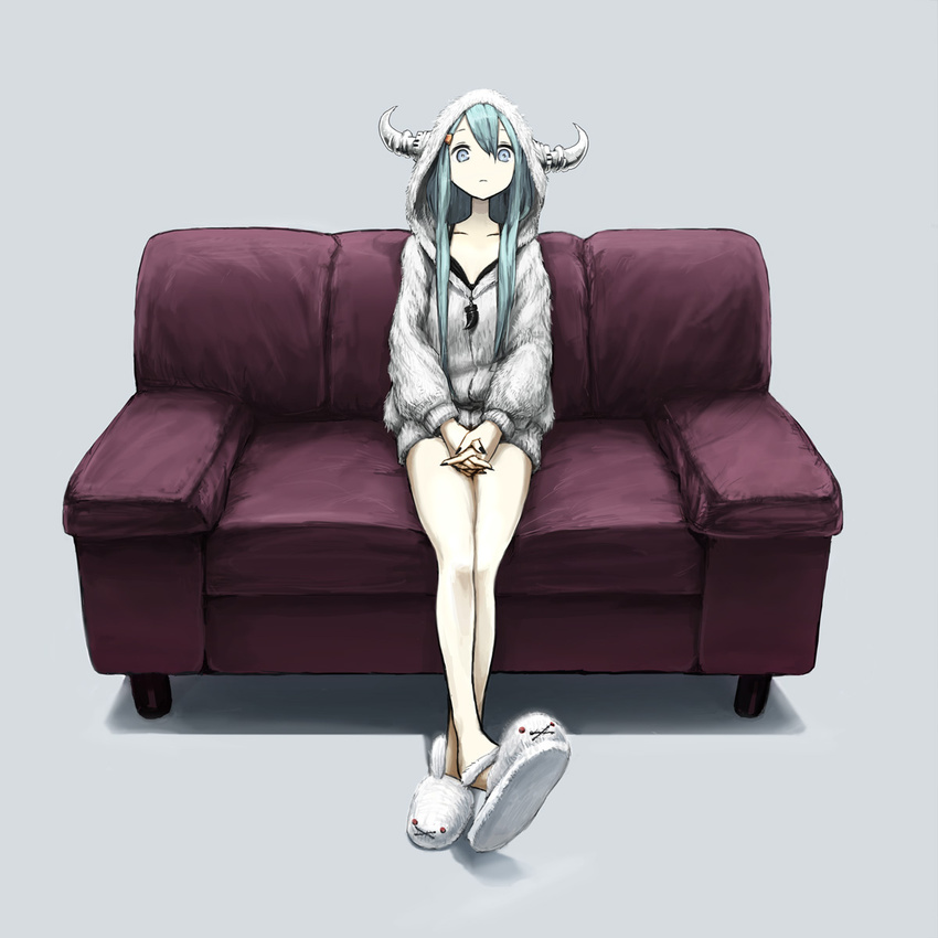 animal_slippers aqua_hair blue_eyes bunny bunny_slippers couch hands_clasped highres hood hoodie horns long_hair no_nose original own_hands_together sitting slippers solo toi_(number8)