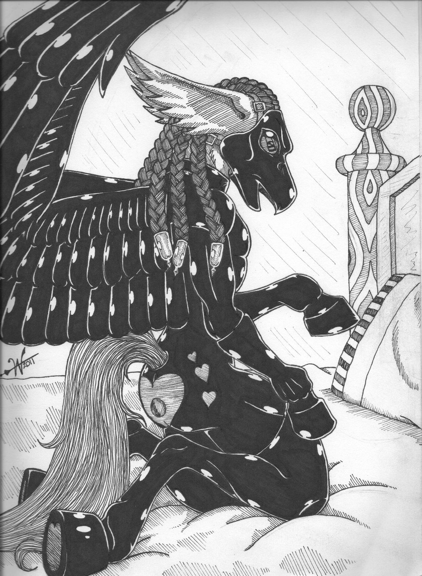 bed bedpost bondage bound gas-mask gas_mask greyscale hooves latex male monochrome pony-gear ponygear purplegriffin rubber solo tail