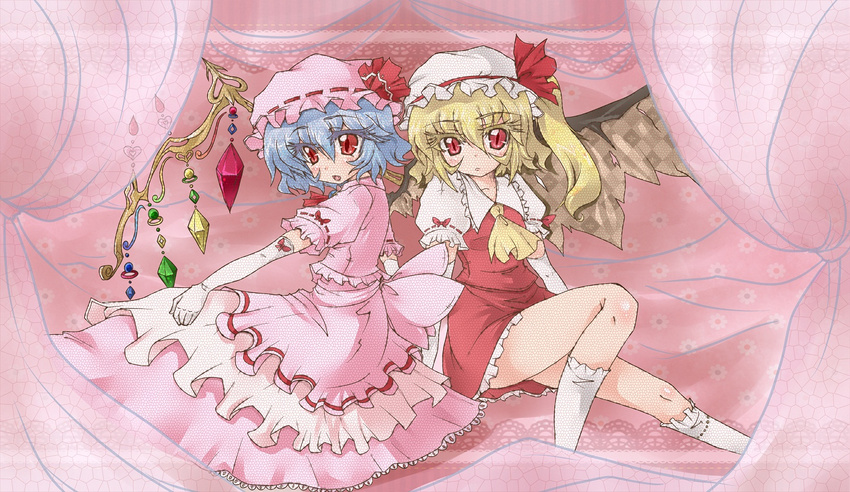 ascot bat_wings blonde_hair blue_hair elbow_gloves eyelashes flandre_scarlet gloves hat hat_ribbon kusanagi_mikoto_(artist) multiple_girls open_mouth red_eyes remilia_scarlet ribbon shirt short_hair siblings side_ponytail sisters sitting skirt skirt_set slit_pupils touhou white_gloves wings