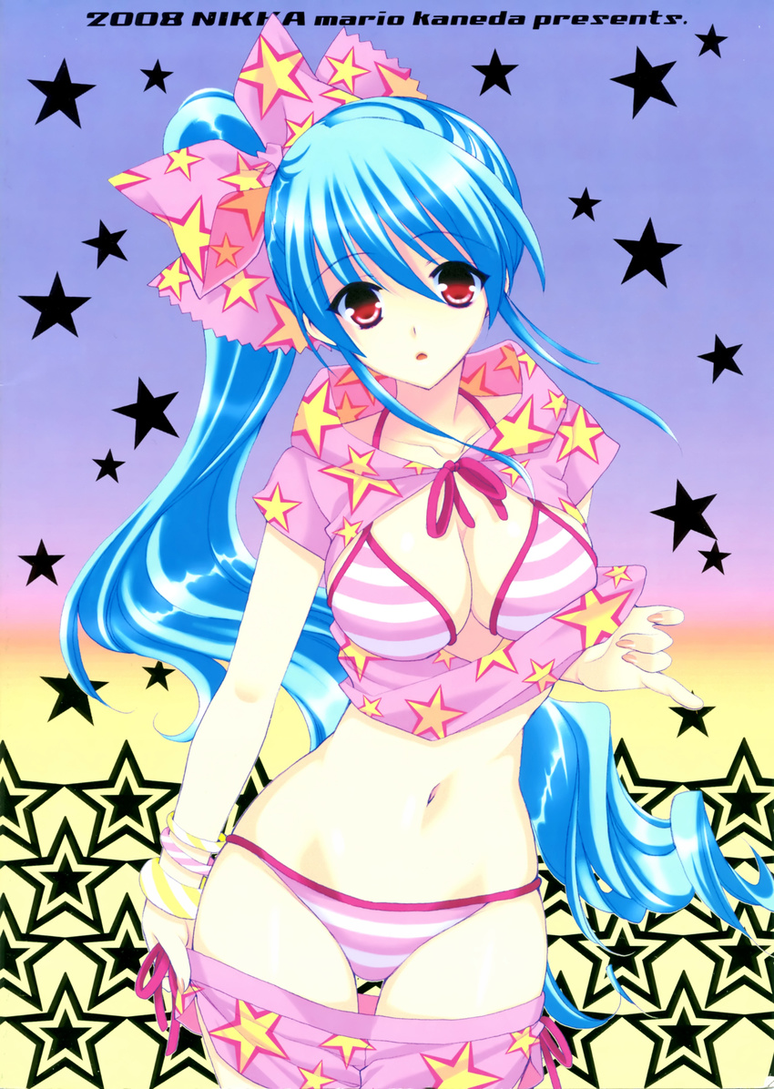 2008 :o absurdres bare_shoulders bikini blue_hair bow bracelet breasts cleavage fingernails hair_bow halterneck highres jewelry long_hair looking_at_viewer mario_kaneda medium_breasts nail_polish navel open_clothes open_shirt original pants_pull pink_bikini pulled_by_self red_eyes shirt side_ponytail solo star star_print striped striped_bikini swimsuit thigh_gap very_long_hair