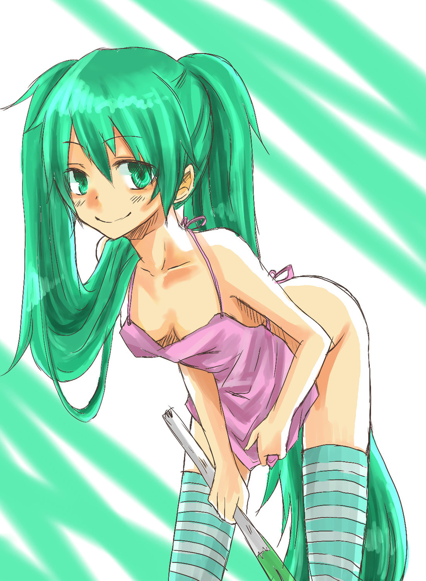 apron chomu green_eyes green_hair hatsune_miku highres leaning_forward long_hair naked_apron sketch smile solo spring_onion striped striped_legwear thighhighs twintails very_long_hair vocaloid