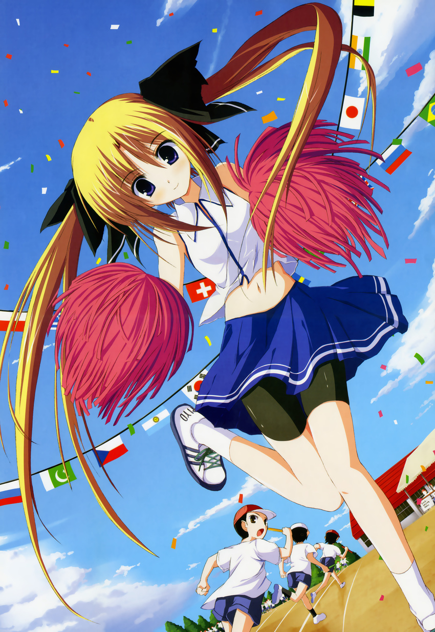 1girl 3boys absurdres baseball_cap bike_shorts black_hair blonde_hair brown_eyes cheerleader cloud confetti dutch_angle flag gym_shorts gym_uniform hat highres hiiragi_nazuna japanese_flag long_hair looking_at_viewer looking_back midriff multiple_boys navel open_mouth pom_poms purple_eyes running shorts shorts_under_skirt skirt sky smile socks spandex standing_on_one_leg track_and_field tsukisome_no_kasa twintails white_legwear