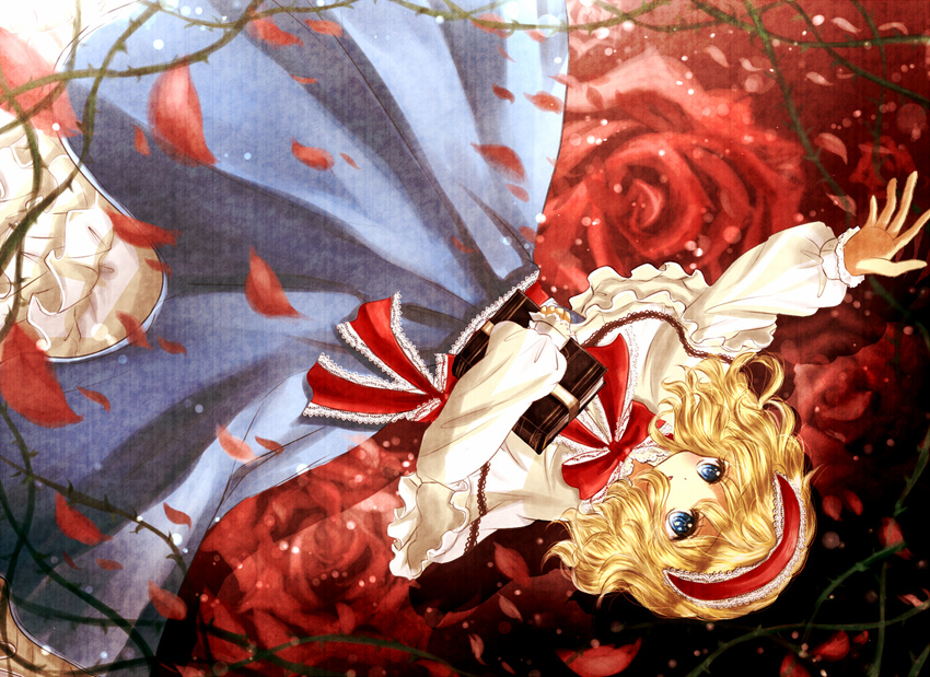 alice_margatroid bangs blonde_hair blue_eyes book bow capelet dress floral_background flower frills grimoire grimoire_of_alice headband long_sleeves open_mouth outstretched_arm petals rose rose_petals short_hair solo thorns touhou yuki_201