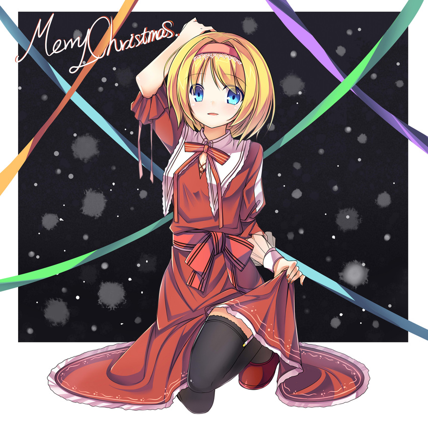 absurdres alice_margatroid alternate_color amemiya_ruki black_legwear blonde_hair blue_eyes dress fingernails hairband highres kneeling long_fingernails merry_christmas nail_polish open_mouth ribbon short_hair solo thighhighs touhou