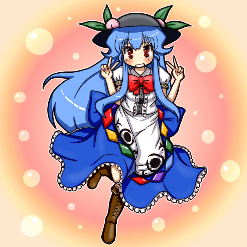 blue_hair blush boots bow cross-laced_footwear double_v dress eruru_(erl) food fruit grin hat highres hinanawi_tenshi lace-up_boots long_hair peach red_eyes ribbon smile solo touhou v