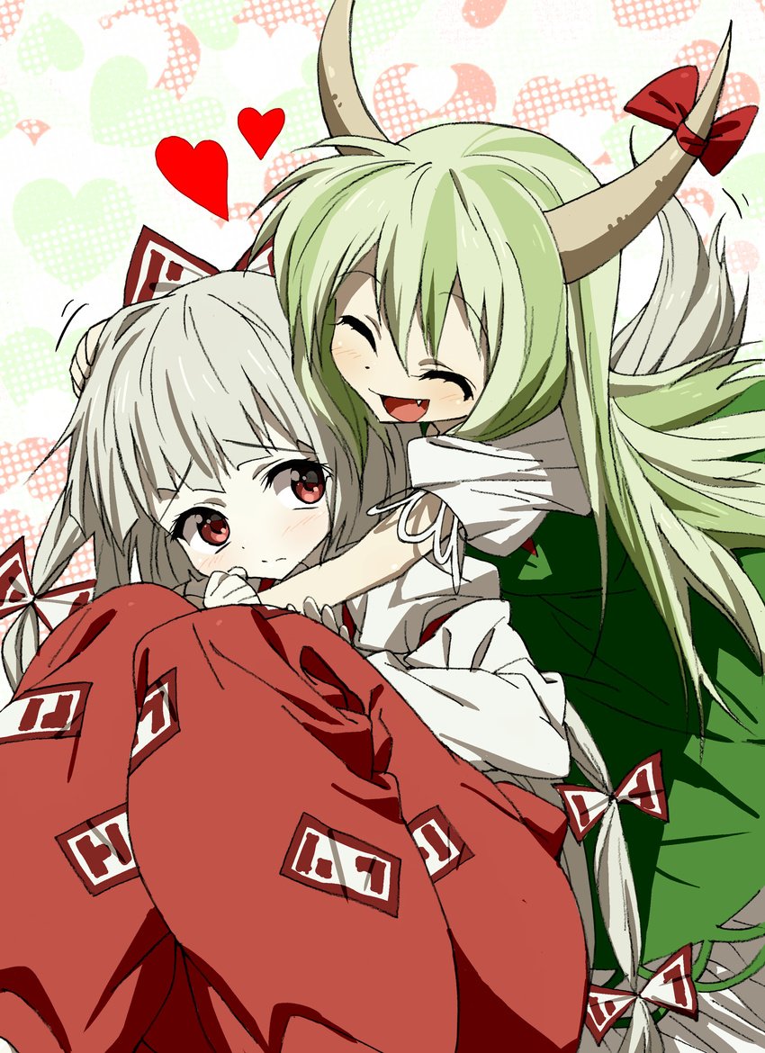 absurdres atsuki blush bow closed_eyes dress ex-keine fujiwara_no_mokou green_hair hair_bow happy heart highres horn_ribbon horns hug hug_from_behind kamishirasawa_keine long_hair multiple_girls pants red_eyes ribbon smile suspenders tail touhou very_long_hair white_hair