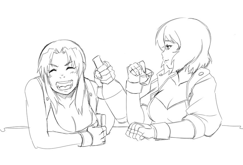 bar bare_shoulders black_lagoon bottle breasts cleavage crossover cup drinking drinking_glass fang fingerless_gloves ghost_in_the_shell gloves greyscale highres holster jacket kekekeke kusanagi_motoko large_breasts laughing lineart monochrome multiple_girls revy_(black_lagoon) short_hair shot_glass sidelocks sketch sleeves_rolled_up work_in_progress