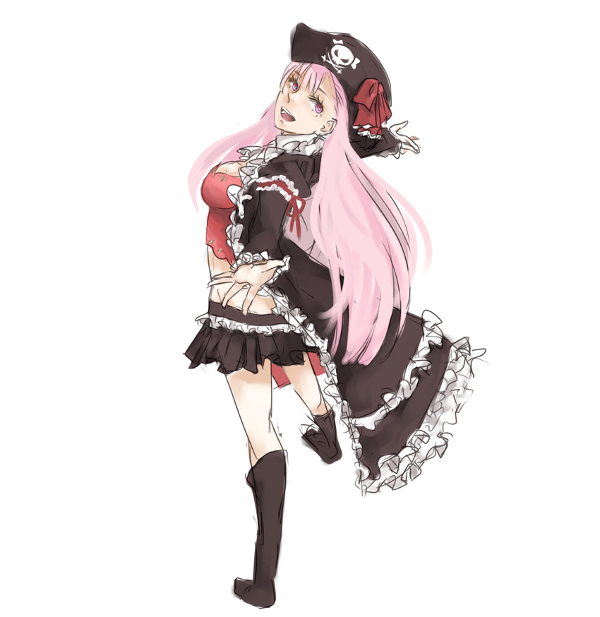 boots bow breasts bustier cape captain_liliana chibibro frills hat hat_bow highres jolly_roger knee_boots long_hair medium_breasts midriff miniskirt pink_eyes pink_hair pirate_hat pleated_skirt queen's_blade queen's_blade_rebellion skirt skull_and_crossed_swords solo very_long_hair