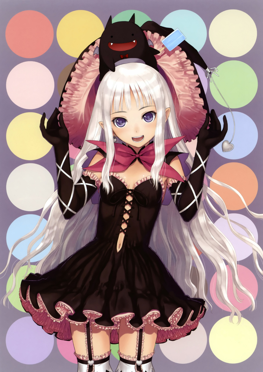 :d absurdres black_dress black_gloves bow dress earrings elbow_gloves elf flat_chest food garter_straps gloves hat hat_removed headwear_removed heart heart_earrings highres jewelry long_hair looking_at_viewer melty_(shining_hearts) monster navel open_mouth petite pointy_ears popsicle purple_eyes shining_(series) shining_hearts silver_hair smile solo sorbe_(shining_hearts) strapless strapless_dress tanaka_takayuki thighhighs very_long_hair witch_hat