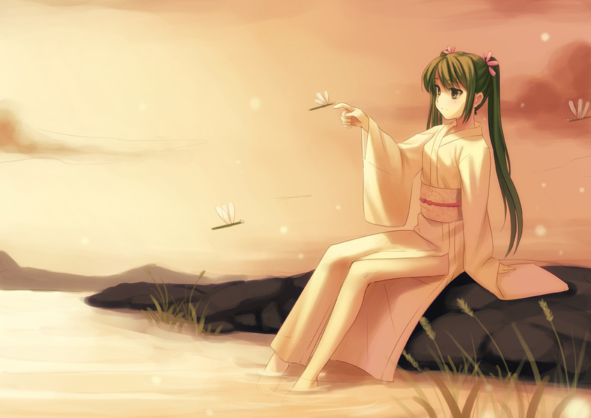 arm_support bad_id bad_pixiv_id barefoot bug dragonfly green_eyes green_hair hatsune_miku insect japanese_clothes long_hair sitting soaking_feet solo twintails vocaloid water xiangtu