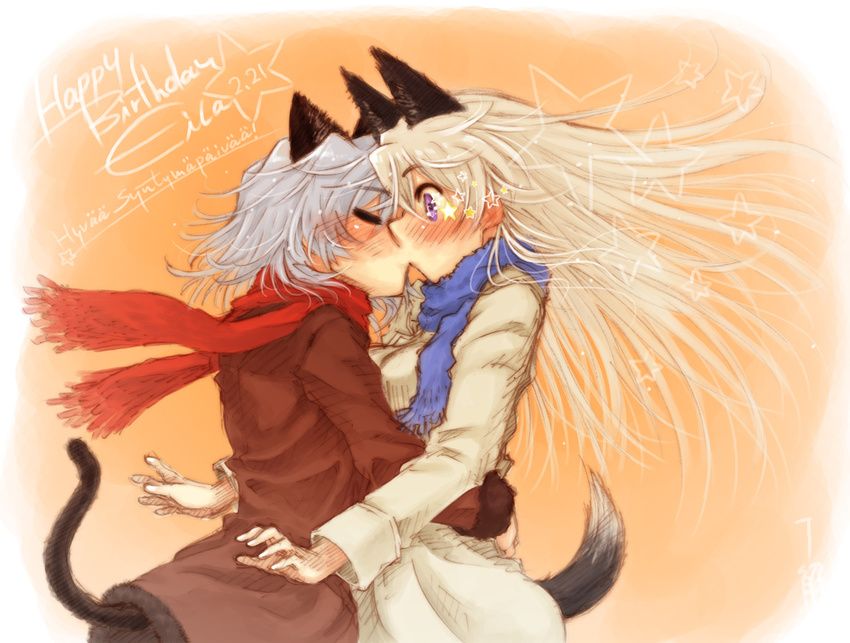 animal_ears blue_eyes blue_scarf blush cat_ears cat_tail closed_eyes couple eila_ilmatar_juutilainen kiss long_hair multiple_girls red_scarf ryou_(shirotsumesou) sanya_v_litvyak scarf short_hair silver_hair star strike_witches surprised tail world_witches_series yuri