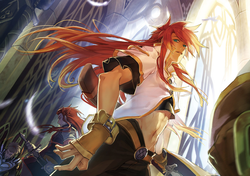 abs asch beard belt brown_hair dutch_angle facial_hair fingerless_gloves gloves gradient_hair green_eyes guy_cecil holding holding_sword holding_weapon left-handed liduke long_hair luke_fon_fabre midriff multicolored_hair multiple_boys navel orange_hair out_of_frame ponytail ready_to_draw red_hair solo_focus sword tales_of_(series) tales_of_the_abyss unsheathed van_grants weapon