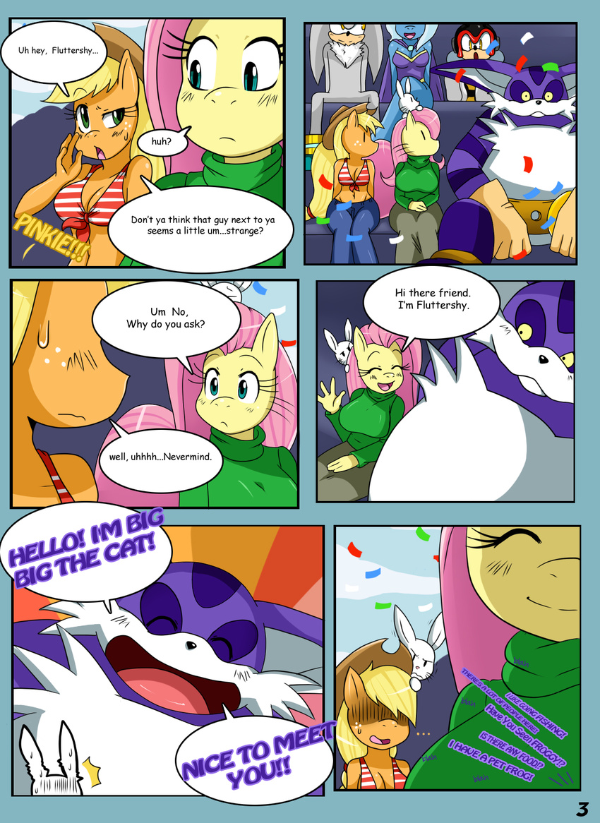 angel_(mlp) anthro anthrofied applejack_(mlp) bee big_breasts big_the_cat blonde_hair breasts cat charmy_bee comic dialog dialogue english_text equine feline female fluttershy_(mlp) friendship_is_magic hair hat hedgehog horse lagomorph male mammal my_little_pony pink_hair pony rabbit race sega silver_the_hedgehog sonic_(series) sssonic2 text trixie_(mlp)