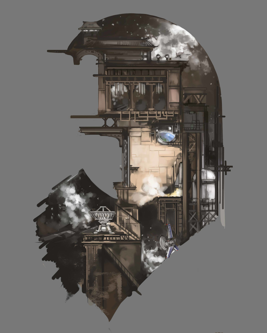 building earth face highres houraisan_kaguya maz_(fanxuying) moon no_humans optical_illusion personification satellite_dish solo space space_craft stairs surreal touhou tower window