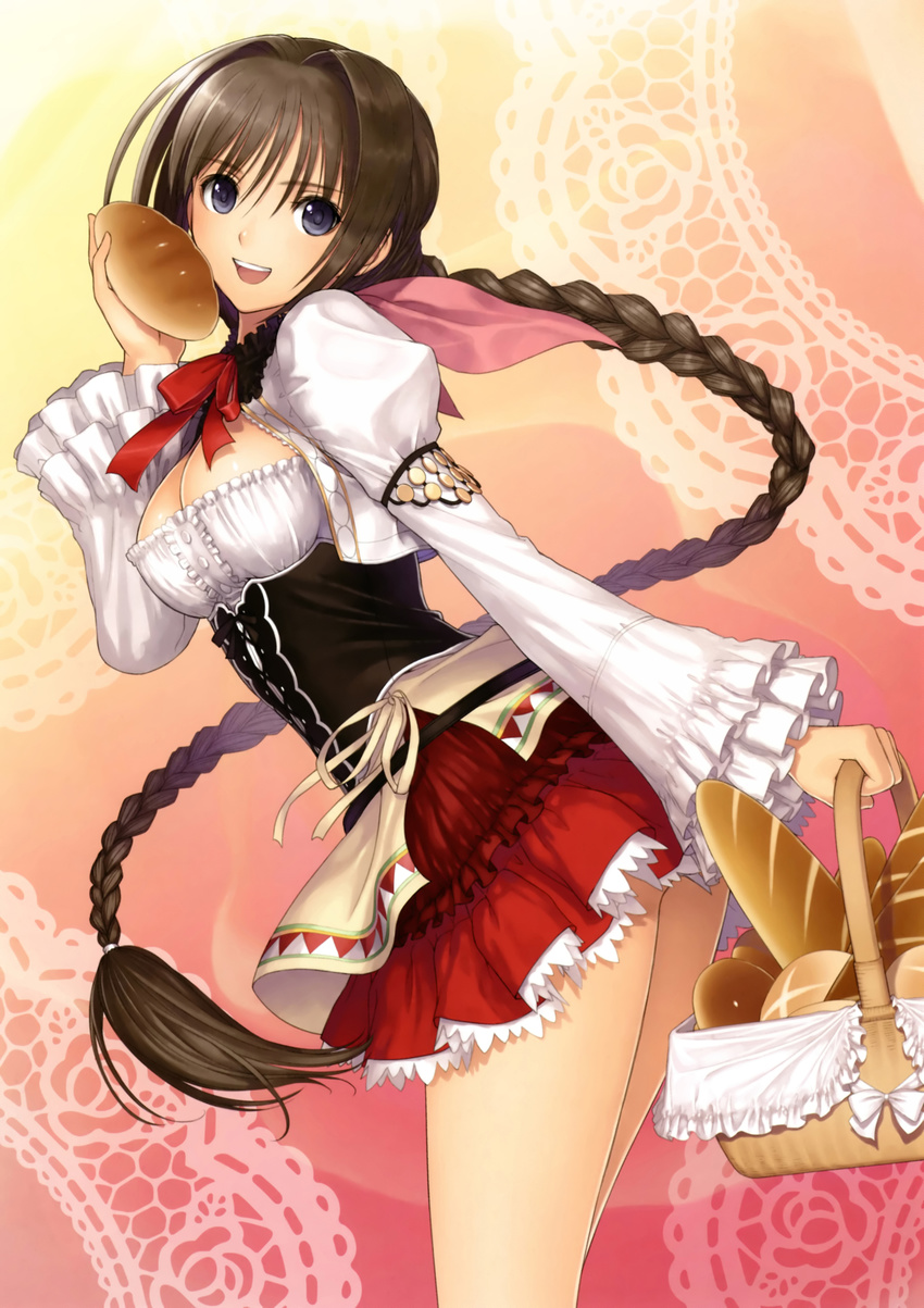 :d absurdres apron basket blue_eyes braid bread breasts brown_hair cleavage cleavage_cutout corset food hair_intakes highres leaning_forward long_hair looking_at_viewer medium_breasts miniskirt neris_(shining_hearts) open_mouth puffy_sleeves shining_(series) shining_hearts skirt smile solo tanaka_takayuki very_long_hair