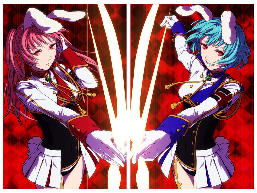 animal_ears blue_hair bunny_ears bunny_tail chiester410 chiester45 chiester_sisters egawa_satsuki gloves grin highres multiple_girls pink_hair red_eyes short_hair showgirl_skirt smile tail twintails umineko_no_naku_koro_ni