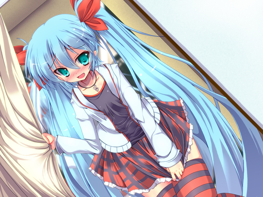 aqua_eyes blue_hair blush curtains hatsune_miku jewelry kocchi_muite_baby_(vocaloid) long_hair necklace open_mouth project_diva_(series) project_diva_2nd rankiryuu skirt solo striped striped_legwear thighhighs twintails very_long_hair vocaloid