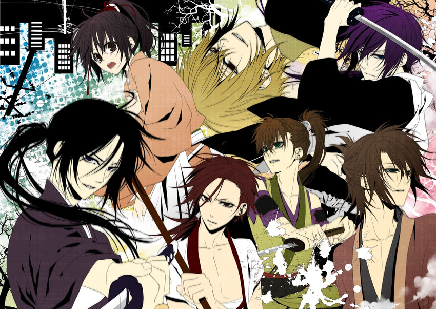 6+boys bad_id bad_pixiv_id black_hair blonde_hair brown_hair chikage_kazama hakuouki_shinsengumi_kitan harada_sanosuke_(hakuouki) hijikata_toshizou_(hakuouki) holding holding_sword holding_weapon japanese_clothes left-handed long_hair multiple_boys okita_souji_(hakuouki) open_mouth ponytail reverse_grip saitou_hajime_(hakuouki) smile sword tears tohikou toudou_heisuke_(hakuouki) unsheathed weapon yukimura_chizuru