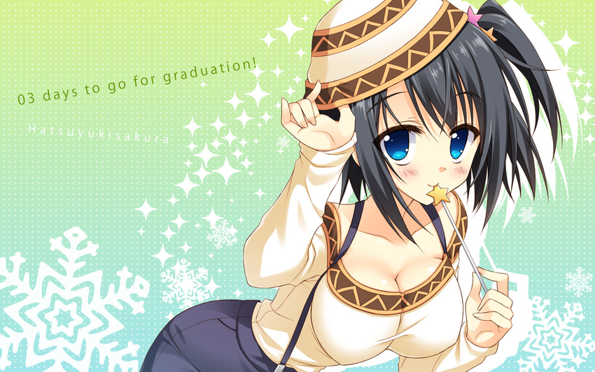 black_hair blue_eyes blush breasts casual cleavage hat hatsuyuki_sakura highres large_breasts moribe_(rabumanyo) official_art shinonome_nozomu short_hair side_ponytail solo wallpaper wand