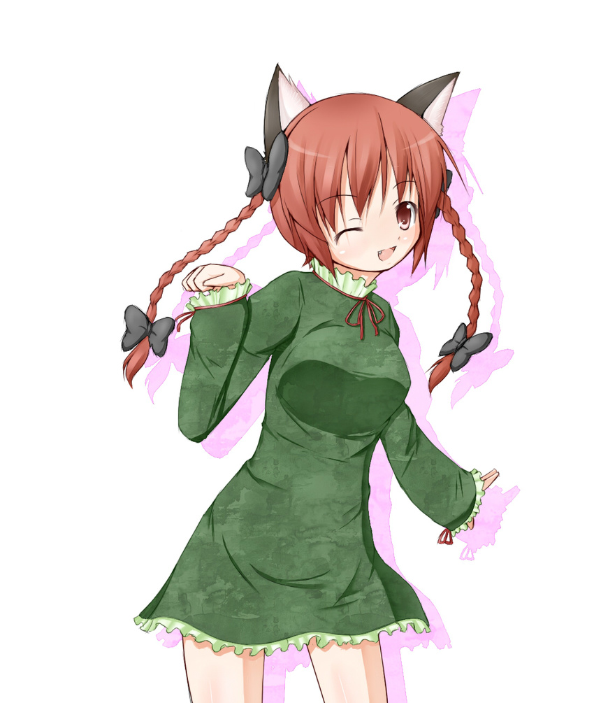 animal_ears bow braid cat_ears cat_tail dress fang garasuita hair_bow highres kaenbyou_rin multiple_tails one_eye_closed open_mouth red_eyes red_hair ribbon simple_background smile solo tail touhou twin_braids twintails