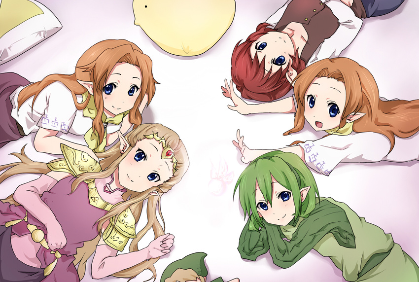 :d anju bad_id bad_pixiv_id belt blonde_hair blue_eyes character_doll circle_formation circlet collarbone doraiaisu dress dual_persona elbow_gloves fairy gloves green_hair k-on! link long_hair long_sleeves looking_at_viewer lying malon multiple_girls navi on_back on_side on_stomach open_mouth outstretched_arms parody pillow pointy_ears princess_zelda red_hair saria scarf short_sleeves skirt smile style_parody the_legend_of_zelda the_legend_of_zelda:_majora's_mask the_legend_of_zelda:_ocarina_of_time time_paradox triforce vest younger