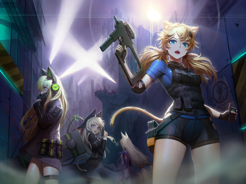 4girls adjusting_clothes animal_ears assault_rifle banajune bangs black_coat black_gloves black_shorts blonde_hair blue_eyes blue_shirt blush bow breasts brown_hair bushman_idw cat_ear_headphones cat_ears cat_tail character_name commentary_request covered_mouth cross dress elbow_pads eyebrows_visible_through_hair finger_on_trigger fingerless_gloves floating_hair g41_(girls_frontline) girls_frontline gloves green_eyes gun h&amp;k_g41 habit hair_between_eyes hair_ornament hairclip handgun headphones heckler_&amp;_koch holding holding_gun holding_walkie-talkie holding_weapon idw_(girls_frontline) jacket leotard lights long_hair long_sleeves looking_at_viewer low-tied_long_hair low_twintails medium_breasts mod3_(girls_frontline) multiple_girls night nun open_mouth outdoors p7 p7_(girls_frontline) pistol pouch purple_eyes revision ribbon rifle ruins shirt shorts sidelocks silver_hair small_breasts snap-fit_buckle steyr_tmp submachine_gun tactical_clothes tail tail_ribbon thigh_strap thighhighs tmp_(girls_frontline) twintails very_long_hair vest walkie-talkie weapon weapon_case wind