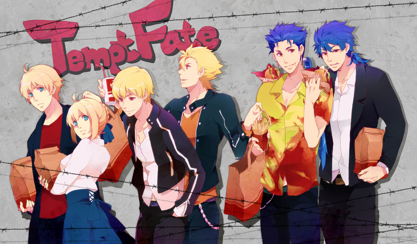 5boys archer_(fate/prototype) arthur_pendragon_(fate) artoria_pendragon_(all) bad_id bad_pixiv_id bag blonde_hair blue_eyes blue_hair casual cu_chulainn_(fate/prototype) dual_persona fate/hollow_ataraxia fate/prototype fate/stay_night fate_(series) food french_fries gakuran gilgamesh hamburger hawaiian_shirt lancer multiple_boys narukita ponytail red_eyes saber school_uniform shirt soda