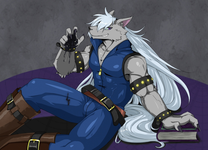 biceps blue_eyes book bracelet canine claws clothing dripping hair ink jewelry long_hair looking_at_viewer male mammal muscles pants pecs shirt sitting smile_pretty_cure solo unknown_artist white_hair wolf wolfrun