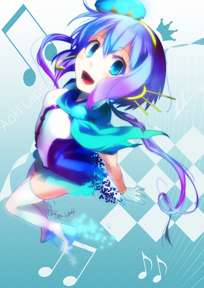 aoki_lapis blue_eyes blue_hair boots checkered crown foreshortening gloves gradient_hair hair_ornament headset highres i-style_project long_hair looking_at_viewer mimimi_(nicoseiga) multicolored_hair musical_note open_mouth purple_hair scarf solo thigh_boots thighhighs tourmaline vocaloid