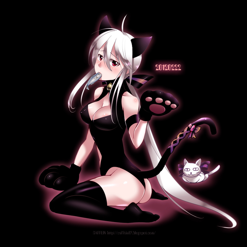 2012 ahoge animal animal_ears ass bare_shoulders bell black_background black_legwear blush breasts caffein cat cat_day cleavage cleavage_cutout covered_nipples dated fish gloves highres large_breasts long_hair looking_at_viewer looking_back mouth_hold no_shoes paw_gloves paws red_eyes ribbon shiny shiny_skin silver_hair simple_background sitting solo tail thighhighs very_long_hair vocaloid wariza yowane_haku yowaneko