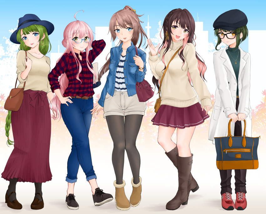 5girls :d :p ahoge alternate_costume ankle_boots arm_up bag bangs belt beret black-framed_eyewear black_footwear black_hair black_hat black_pants black_sweater blue-framed_eyewear blue_eyes blunt_bangs blush boots bow braid breast_pocket breasts brown_footwear brown_hair brown_shirt brown_sweater casual cityscape coat collarbone contemporary denim denim_jacket earrings eyebrows_visible_through_hair fang fedora full_body fur-trimmed_boots fur_trim glasses green_hair grey_shorts hair_bun hair_ribbon hand_on_hip hand_up handbag hat head_tilt high_ponytail highres holding holding_bag hoop_earrings jacket jeans jewelry kantai_collection kazagumo_(kantai_collection) knee_boots legwear_under_shorts long_hair long_skirt long_sleeves makigumo_(kantai_collection) medium_breasts miniskirt multiple_girls naganami_(kantai_collection) necklace open_clothes open_coat open_jacket open_mouth orange_eyes pants pantyhose patterned_clothing pendant pigeon-toed pink_hair pocket purple_bow purple_skirt red_footwear red_shirt ribbon semi-rimless_eyewear shirt shoes short_hair shorts shoulder_bag sidelocks skirt sleeves_folded_up sleeves_past_wrists smile sneakers standing striped striped_shirt sweater takanami_(kantai_collection) thigh_gap tongue tongue_out turtleneck turtleneck_sweater under-rim_eyewear v_arms very_long_hair wavy_hair white_coat yellow_eyes yellow_ribbon yuugumo_(kantai_collection)