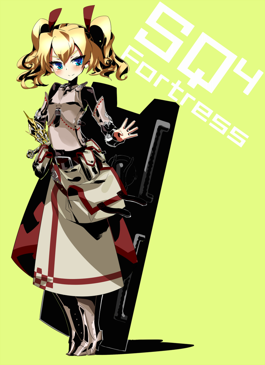 armor bag blonde_hair blue_eyes blush character_name dress fortress_(sekaiju) greaves highres nadare-san_(nadare3nwm) sekaiju_no_meikyuu sekaiju_no_meikyuu_4 shield smile solo twintails