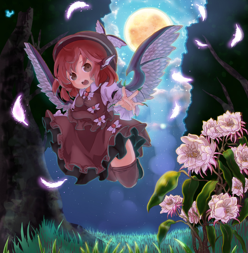 animal_ears bad_id bad_pixiv_id brown_eyes brown_legwear dress feathers fingernails flower flying full_moon glowing grass hat highres hutaba123 long_fingernails looking_at_viewer moon moonlight mystia_lorelei nature night open_mouth outstretched_hand red_eyes short_hair solo thighhighs touhou tree wings