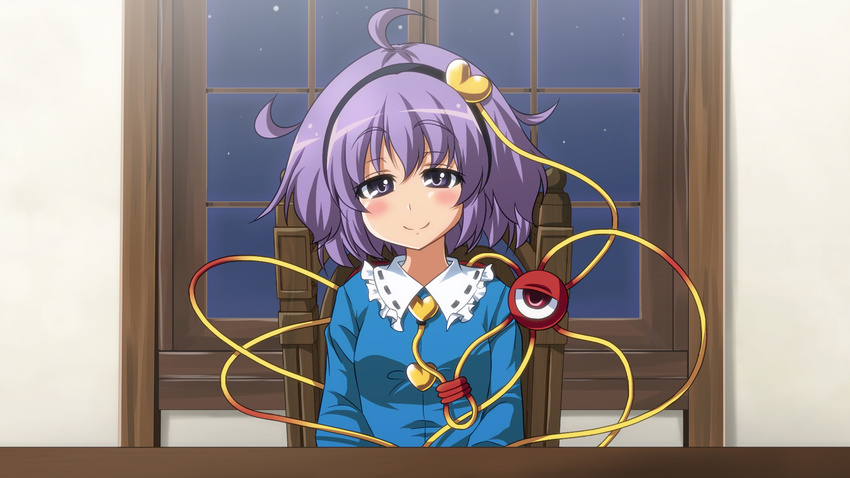 ahoge bangs big_hair blush hairband head_tilt highres indoors komeiji_satori lavender_hair looking_at_viewer masara night night_sky pov_across_table purple_eyes purple_hair short_hair sitting sky smile solo star_(sky) starry_sky third_eye touhou window