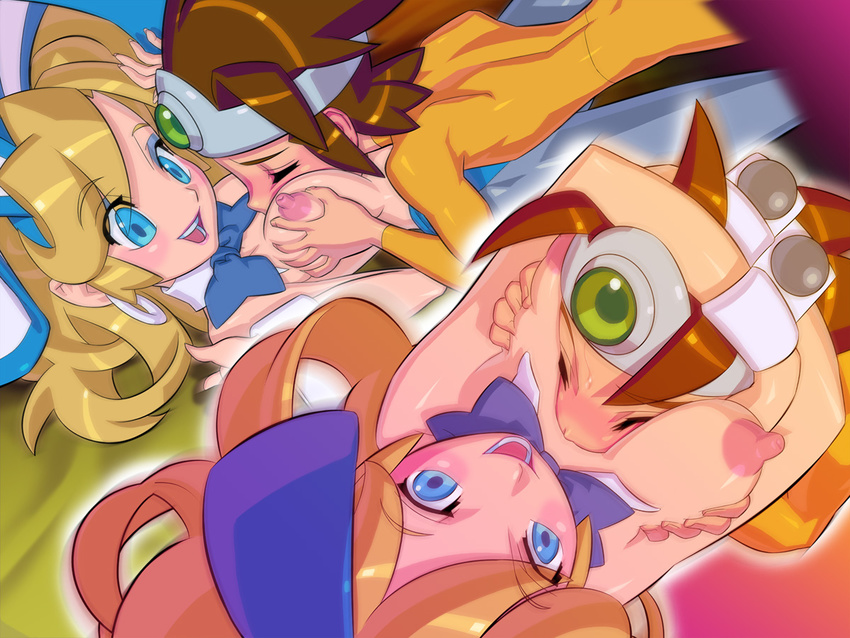 1girl animal_ears aqua_eyes between_breasts bingo_tarte blonde_hair blush bow breast_grab breasts brown_hair bunnysuit circlet closed_eyes dragon_quest dragon_quest_iii fake_animal_ears game_cg grabbing hug jester_(dq3) medium_breasts open_mouth pantyhose roto smother