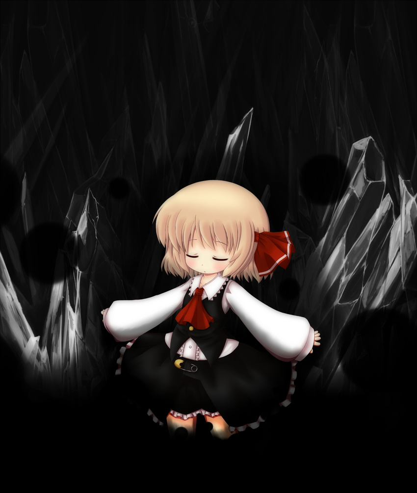 ascot bad_id bad_pixiv_id black_background black_skirt blonde_hair blush child closed_eyes cocozasa dark hair_ribbon highres open_mouth outstretched_arms ribbon rumia safety_pin shirt short_hair skirt skirt_set solo touhou