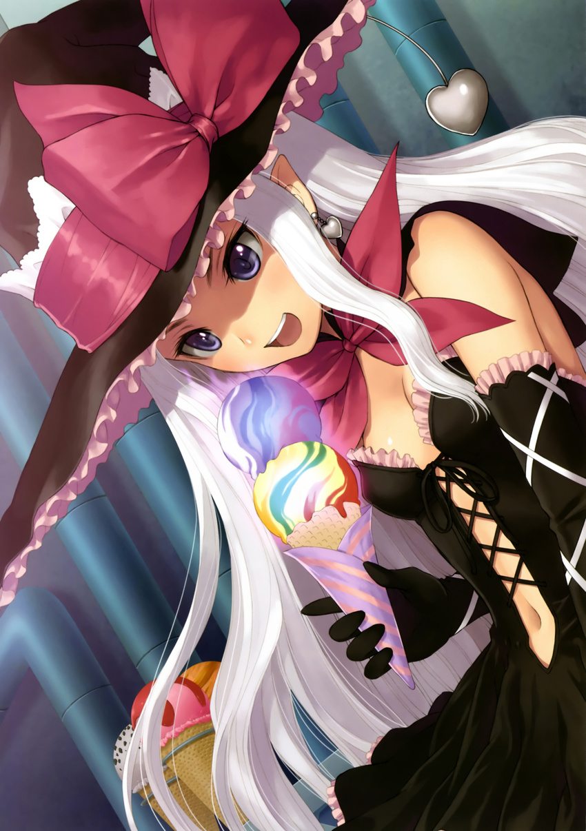 :d absurdres black_gloves bow breasts cleavage dutch_angle earrings elbow_gloves elf food gloves hat heart heart_earrings highres ice_cream ice_cream_cone jewelry long_hair medium_breasts melty_(shining_hearts) open_mouth pointy_ears purple_eyes shining_(series) shining_hearts silver_hair smile solo tanaka_takayuki witch_hat