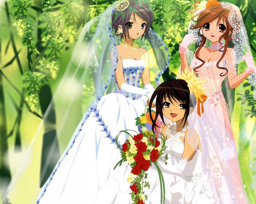 :d alternate_hairstyle aratani_tomoe asahina_mikuru bangs bare_shoulders basket black_hair blue_flower bouquet breasts bridal_veil brown_eyes brown_hair bubble_skirt choker cleavage closed_mouth collarbone day dress earrings elbow_gloves expressionless eyebrows_visible_through_hair floral_print flower forest formal gloves grey_hair hair_bun hair_flower hair_ornament hair_ribbon hair_up halterneck hands_up happy holding holding_basket holding_bouquet jewelry jpeg_artifacts lace lens_flare light_smile lipstick long_hair looking_at_viewer makeup medium_breasts multiple_girls nagato_yuki nature official_art open_mouth orange_flower orange_ribbon outdoors pink_dress pink_flower pink_gloves pinky_out plant red_flower red_lipstick red_rose ribbon rose see-through short_hair short_hair_with_long_locks sidelocks skirt small_breasts smile strapless strapless_dress suzumiya_haruhi suzumiya_haruhi_no_yuuutsu swept_bangs tree veil vines wallpaper wedding_dress white_dress white_flower white_gloves yellow_eyes yellow_flower yellow_rose